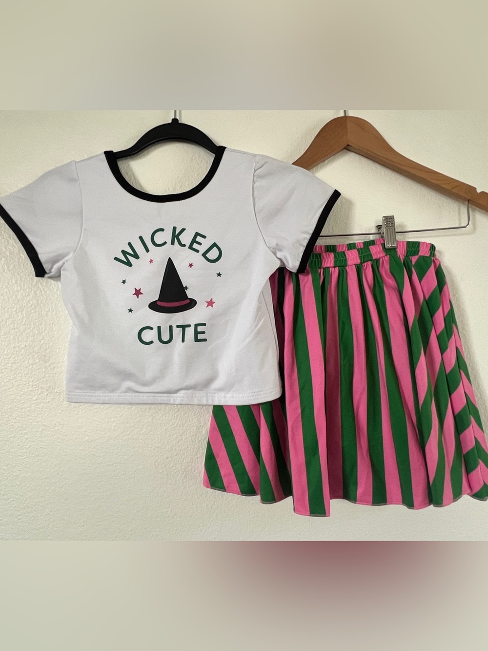 Kids 'Wicked Cute' Witch Costume Set - White Top with Pink & Green Striped Skirt